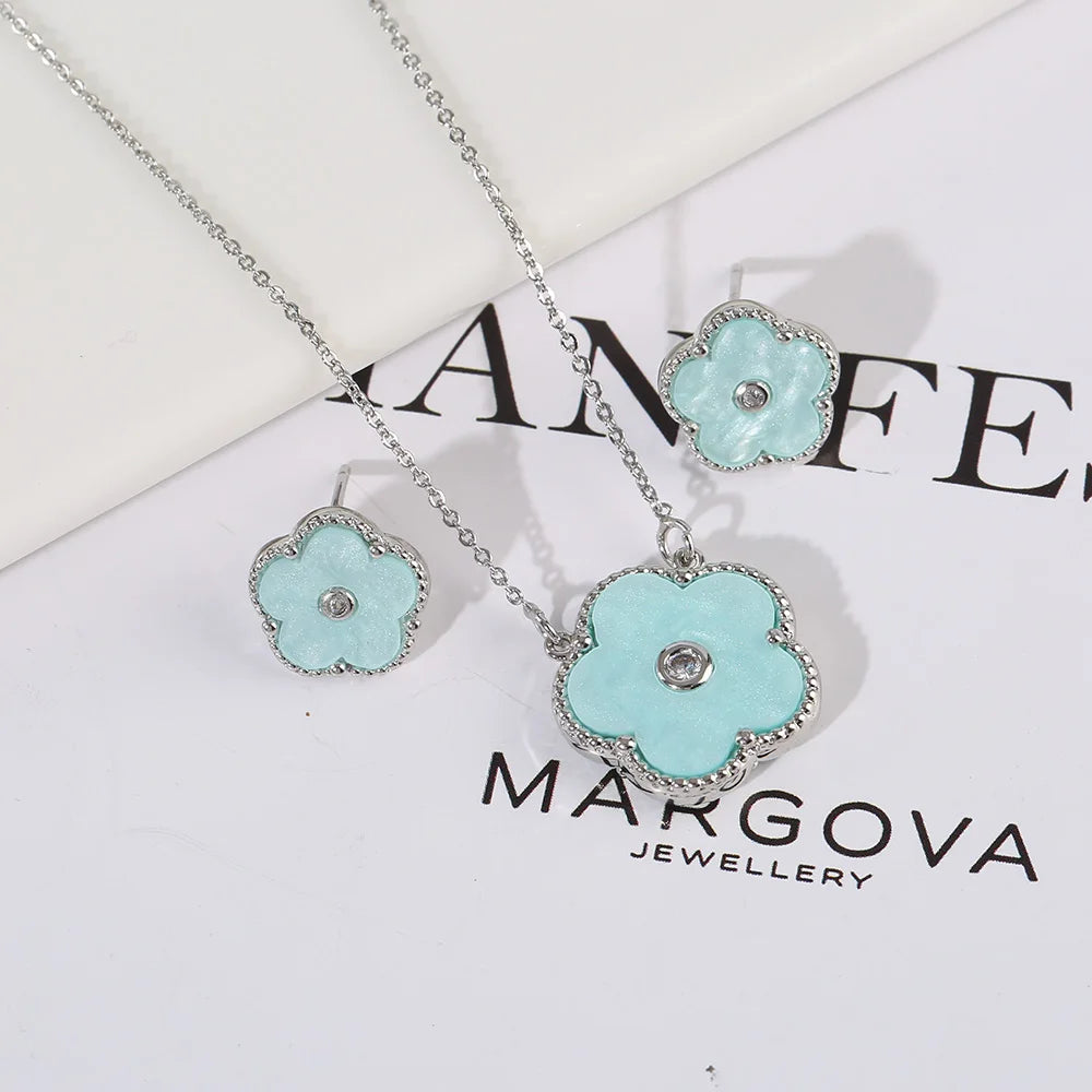Double Sided Zircon New Design Plant Pentaphyllum 2pc Set Cute Shell Jewelry For Women's High-Quality Gifts Luxurious Clover