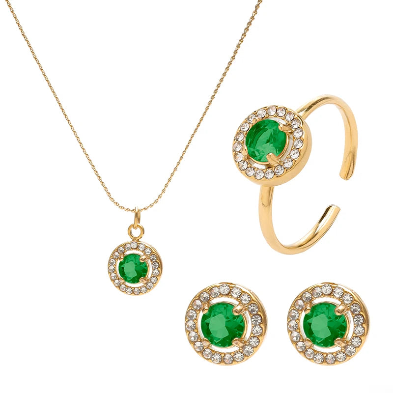 PAXA 3PCS Multicolor Round Cubic Zirconia Stainless Steel Jewelry Sets for Women Earrings Necklace Rings Fashion Elegant Jewelry