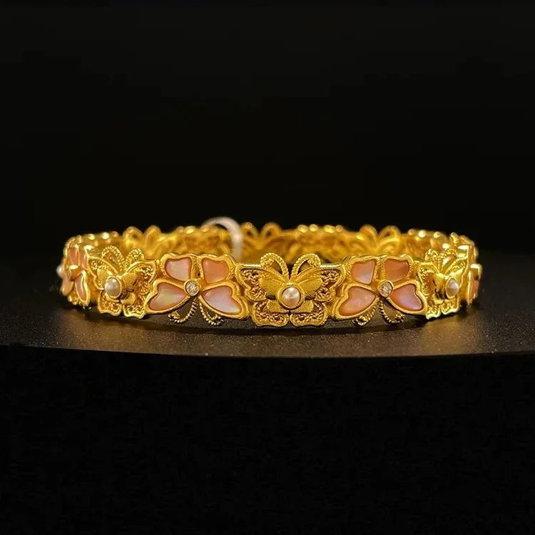 Light Luxury 24K real gold Ancient Flowers Butterfly Maiden Necklace Ring bracelet 999 Gold Princess set with jade Chopin chain