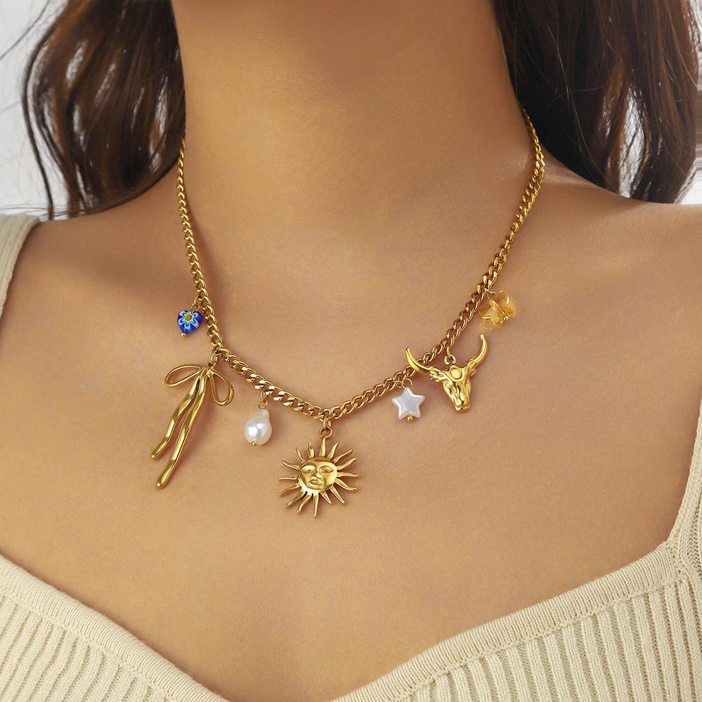 DIEYURO 316L Stainless Steel Golden Heart Sun Multiple Pendants Necklace Women New Fashion Marine Style Neck Chain Jewelry Gift