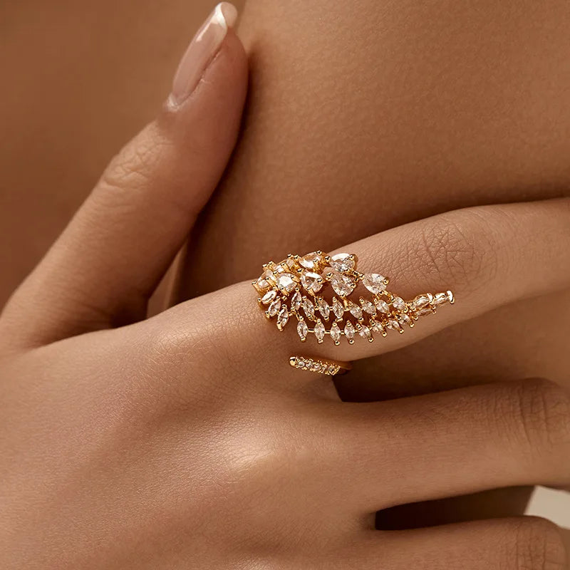 Personalized 18k Gold Plated Exquisite Zircon Ring with Opening Design European American Style Elegant Women Finger Ring