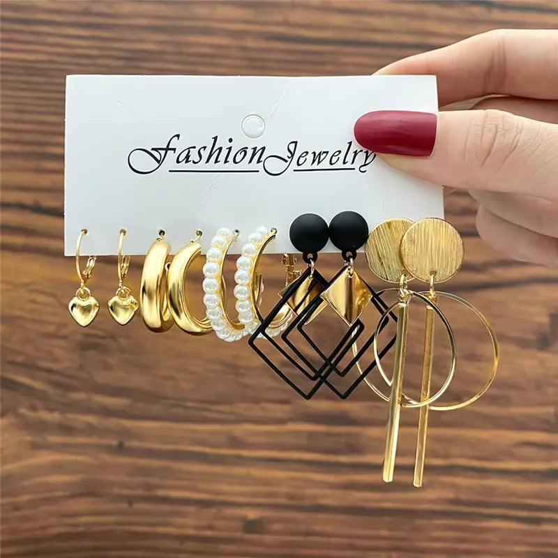 Gold Pearl Geometric Hoop Earrings