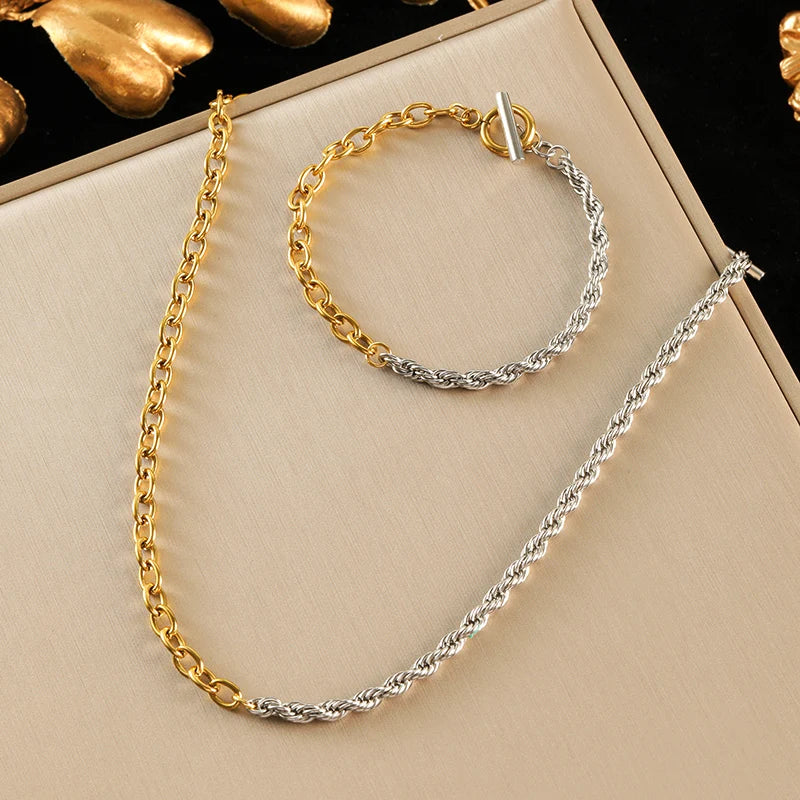 EILIECK 316L Stainless Steel Metal Gold Silver Color Chain Necklace Bracelet for Women Fashion Water Resistant Jewelry Set Gift