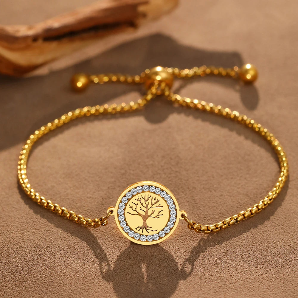 DOTIFI Stainless Steel Bracelets Exquisite Tree of Life Crystal Pendant Chain Trendy Bracelet For Women Jewelry Non-fading