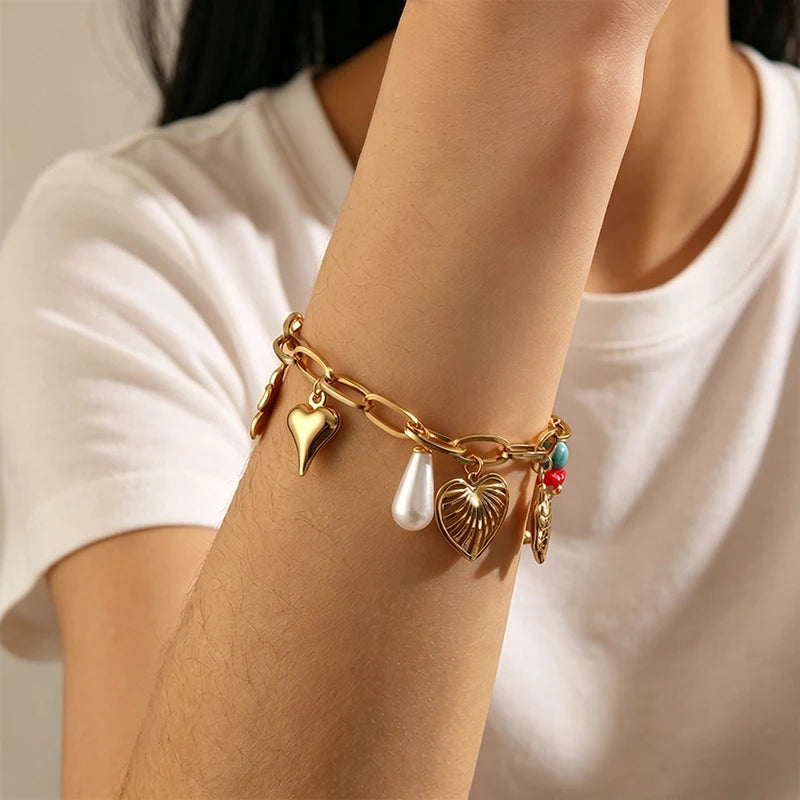 EILIECK 316L Stainless Steel Heart Flower Pearl Charms Bracelet For Women Gold Color OT Clasp Hand Chain Holiday Gift
