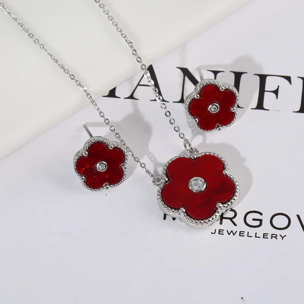 Double Sided Zircon New Design Plant Pentaphyllum 2pc Set Cute Shell Jewelry For Women's High-Quality Gifts Luxurious Clover