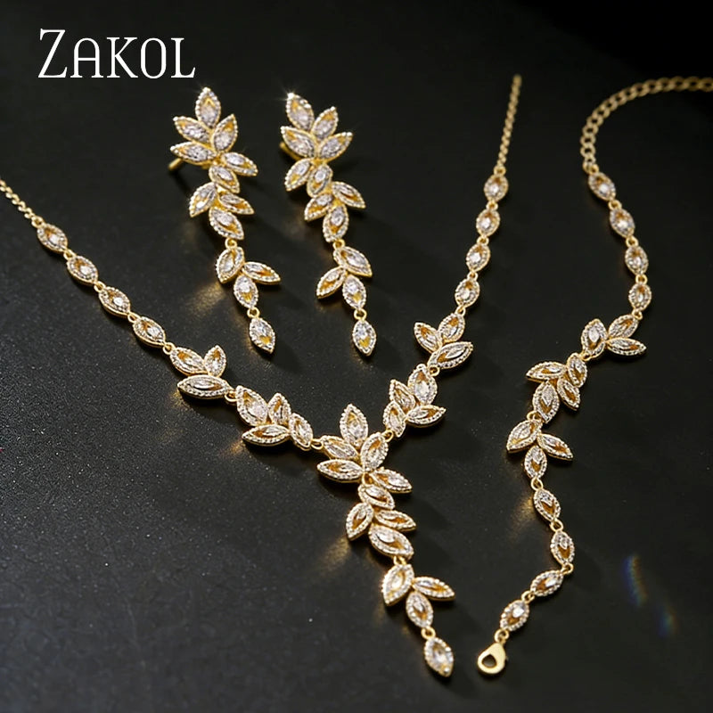 ZAKOL Luxury Gold Color Leaf Bridal Wedding Jewelry Sets for Women Marquise Zircon Earrings Necklace Bracelets Set
