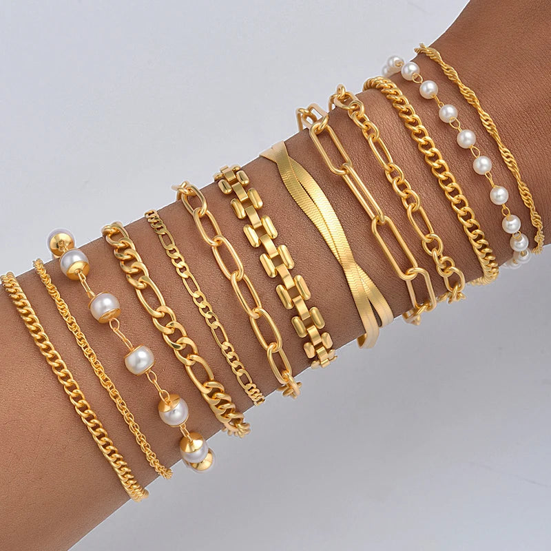 Simple Punk Chunky Chain & Snake Twisted Metal Bracelet Set, 9 Pcs/Set