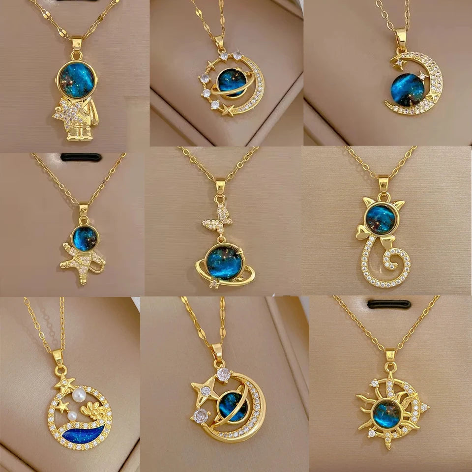 Light Luxury Titanium Steel Star Series Planet, Moon & Astronaut Pendant Necklace
