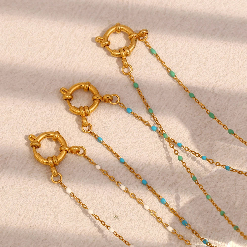 E.B.belle New Design Green/White/Blue Clip Oil Drop Beads Spring Buckle Necklace Gold Plated Stainless Steel Necklace Jewelry