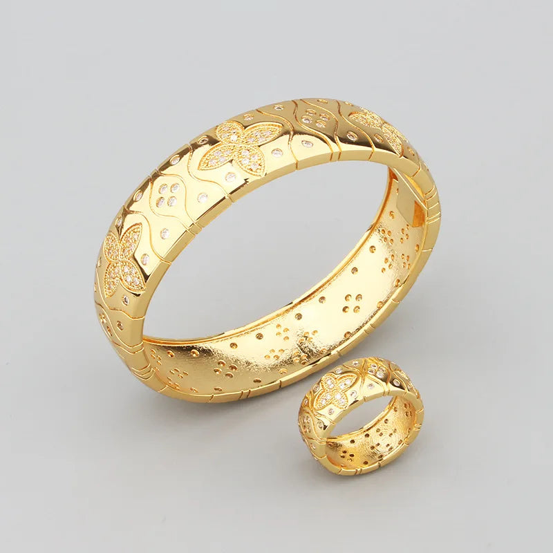 Fashion Jewelry  Set Luxury Geometry Cubic Ziron Bracelet Engagement Bridal Finger Ring copper Lady Gift