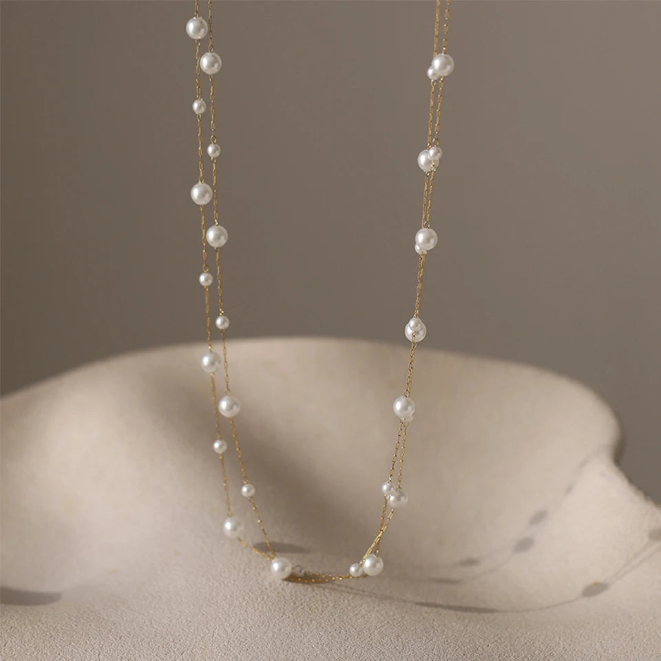 Stainless Steel Waterproof Temperament Pearl Chain Choker Necklace