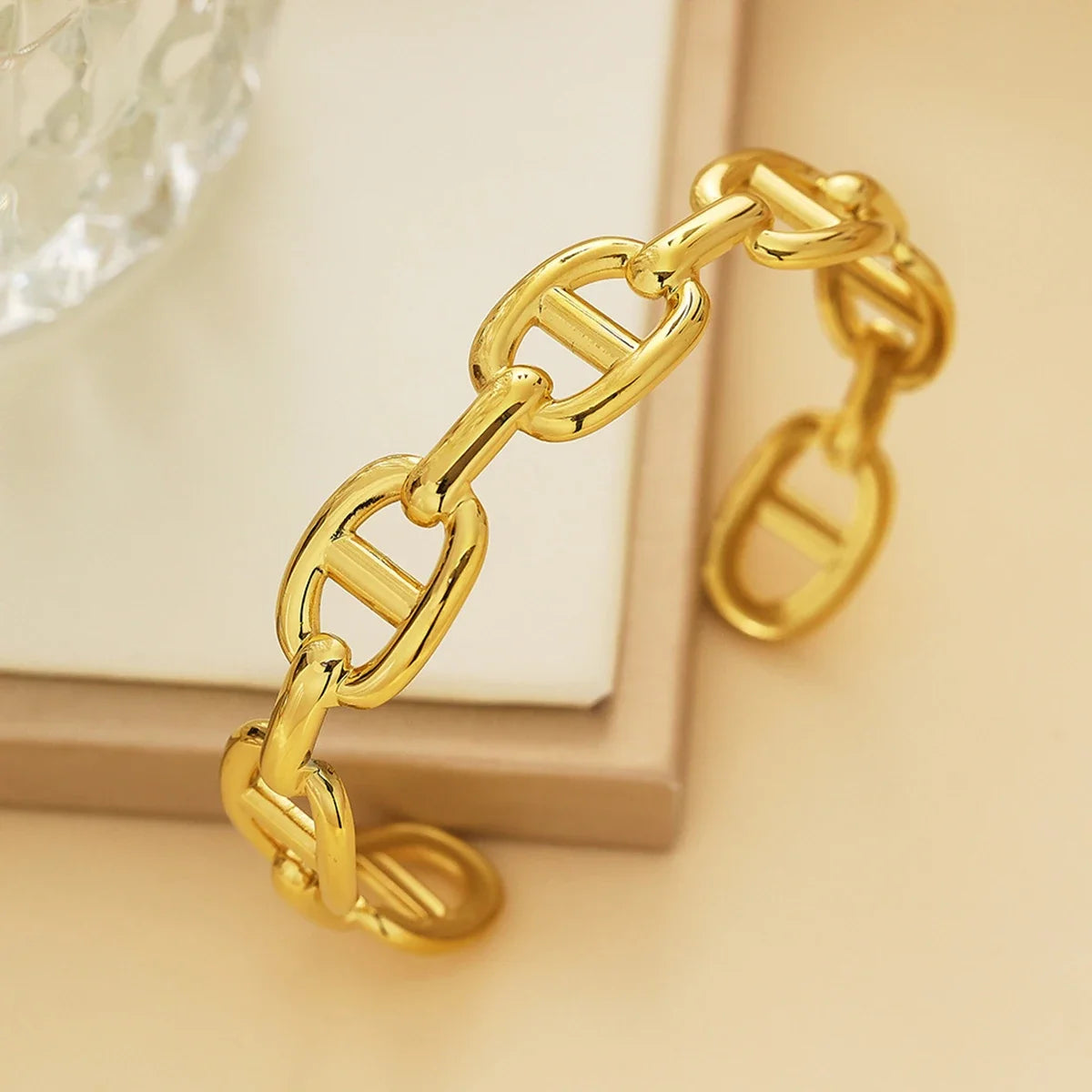 Stainless Steel Gold-Color Wide Skeleton Bangle Bracelet