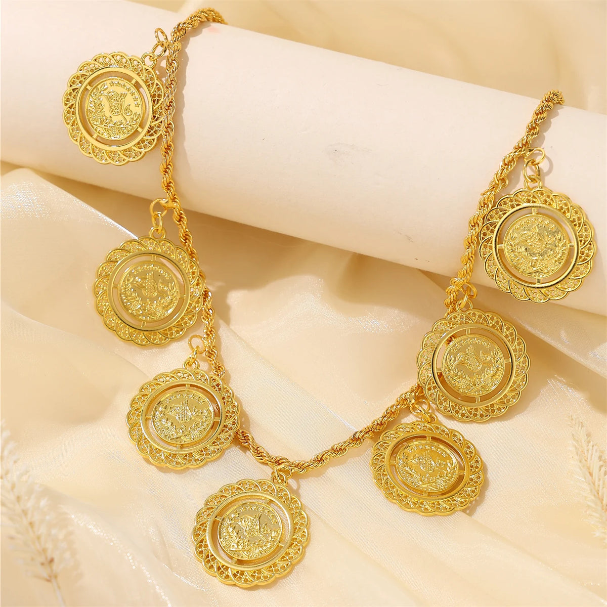 Moroccan Women's Necklace & Earrings Set Coin Design with Rhinestone Accents French Vintage Style for Weddings Banquets