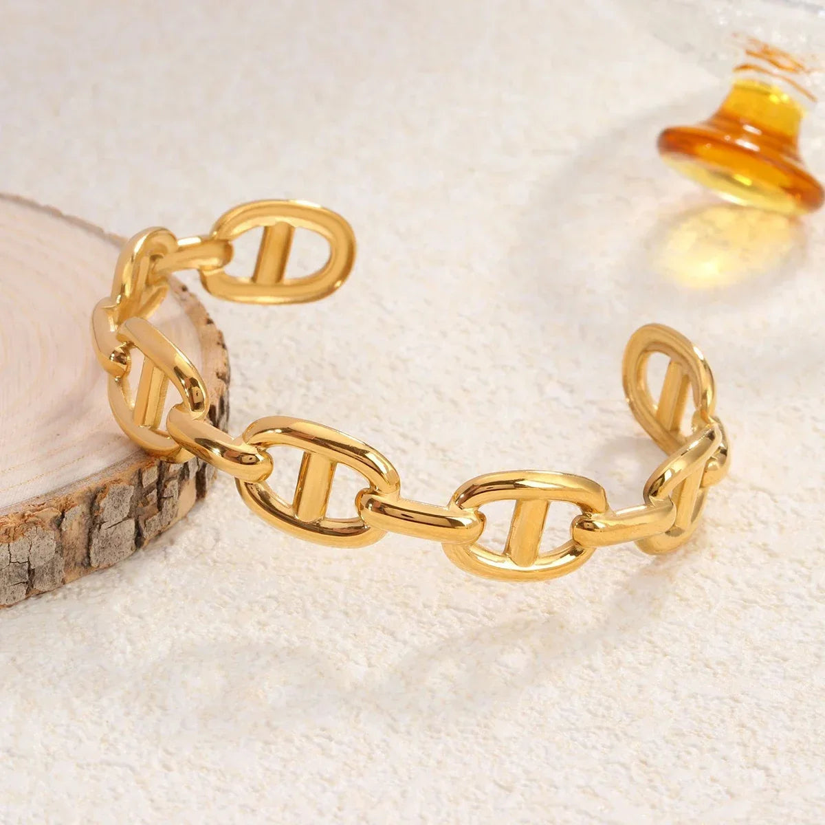 Stainless Steel Gold-Color Wide Skeleton Bangle Bracelet