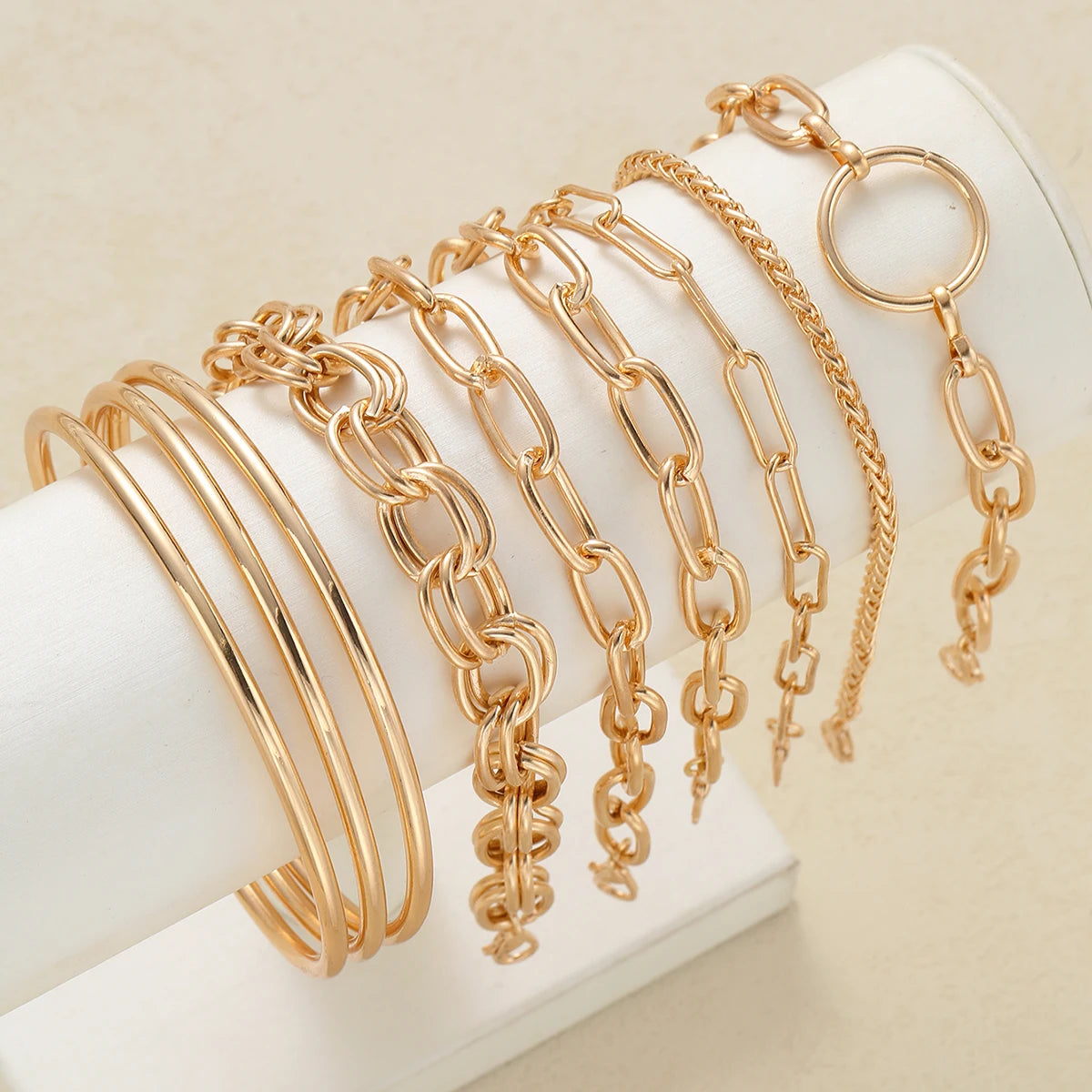 Chunky Minimalist Paperclip & Oval Link Stackable Open Bangle Bracelet Set, 9 Pcs/Set