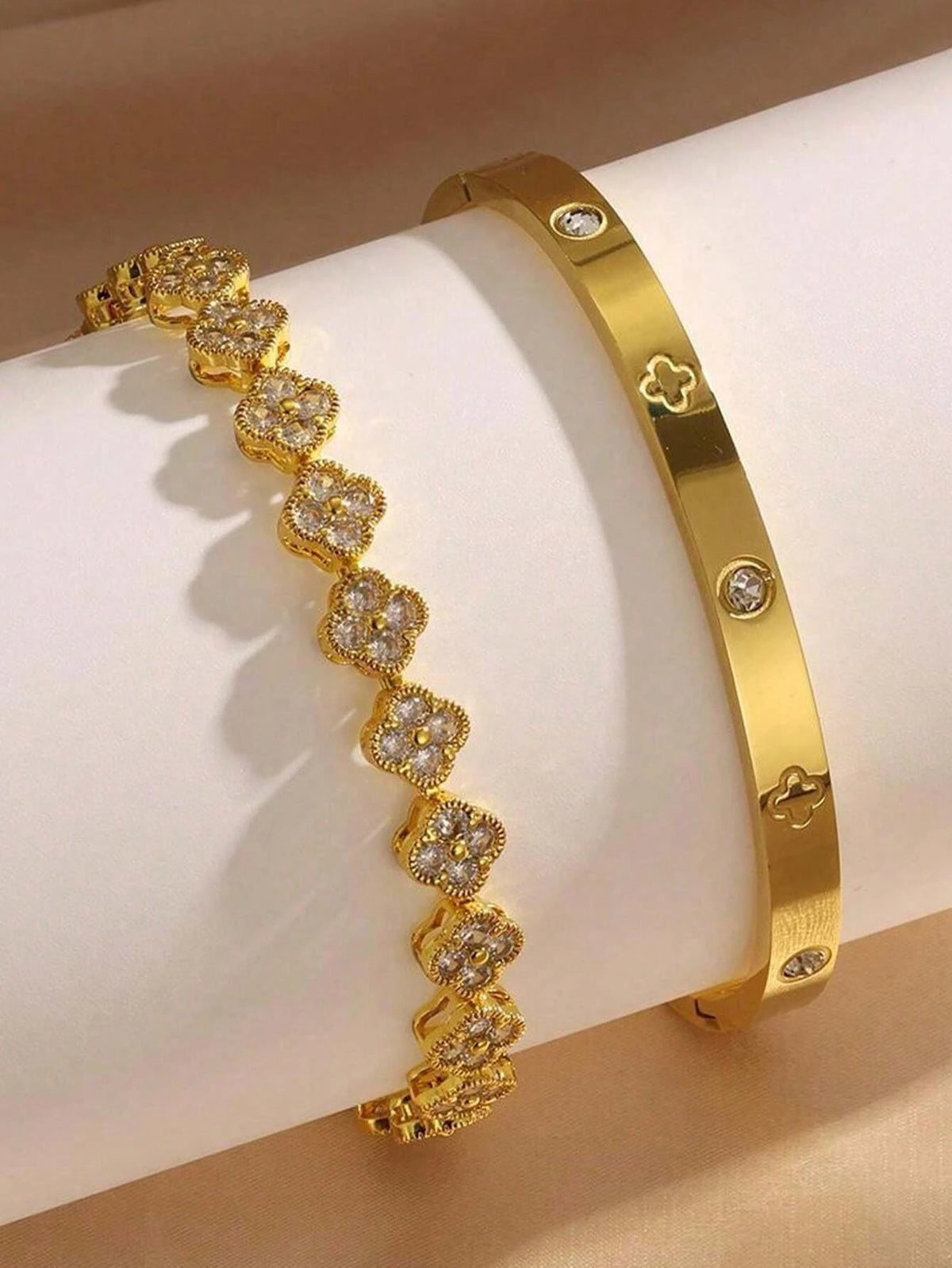 2PCS French Delicate Lucky Clover Stainless Steel Zircon Bracelet