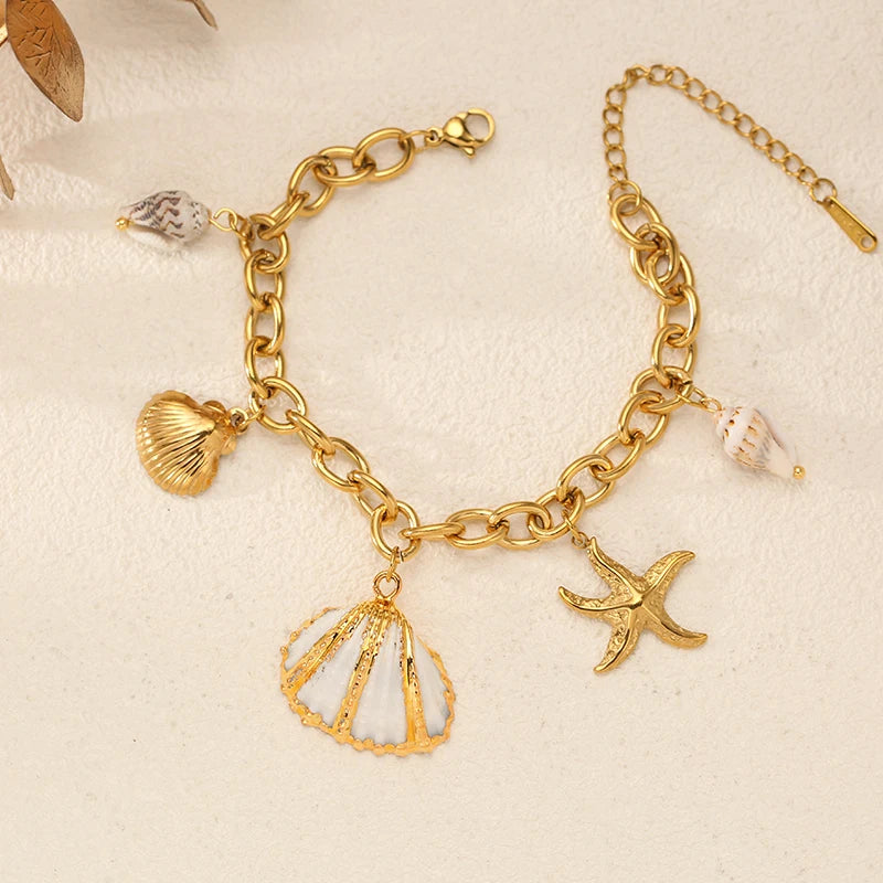 EILIECK 316L Stainless Steel Beach-Style Shells Starfish Bracelet Bangle For Women Trendy Waterproof Hand Chain Jewelry Gift
