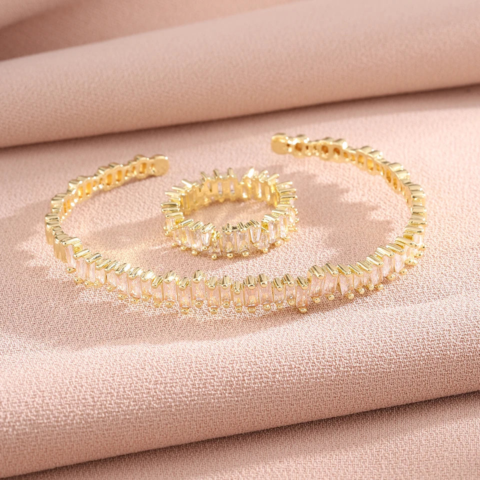 Classic Colorful Baguette Zircon Engagement Bangle Ring