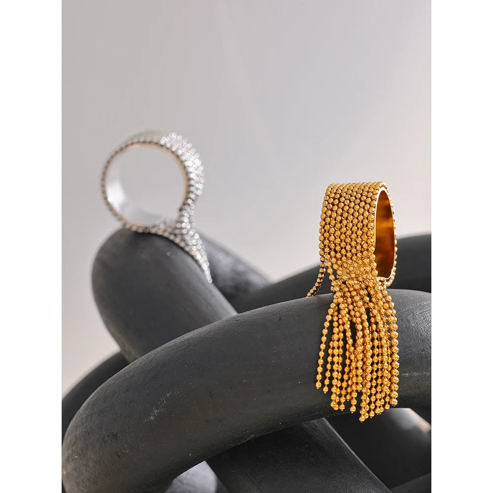 Bague de doigt réglable en acier inoxydable Yhpup avec chaîne et pompon, plaqué or 18 carats PVD, breloque de haute qualité, bijoux dorés élégants