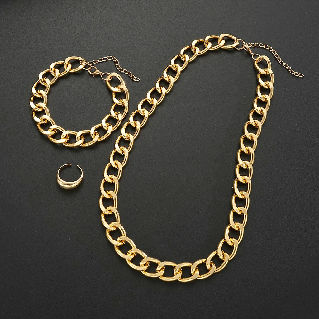 Punk Chunky Cuban Chain Necklace, Bracelet & Ring Jewelry Set, 3 Pcs/Set