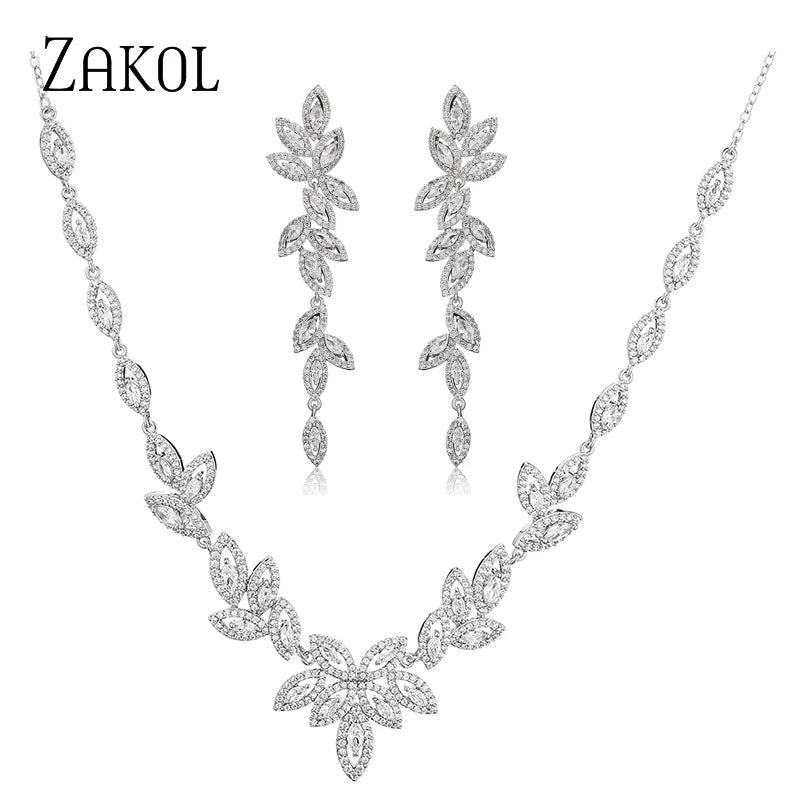 ZAKOL Luxury Gold Color Leaf Bridal Wedding Jewelry Sets for Women Marquise Zircon Earrings Necklace Bracelets Set