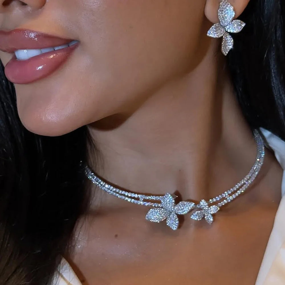 Parure collier ras du cou et boucles d'oreilles fleur exquise pour femmes, strass, mariée, mariage, ensemble de bijoux, à la mode, pour fête, cadeaux quotidiens
