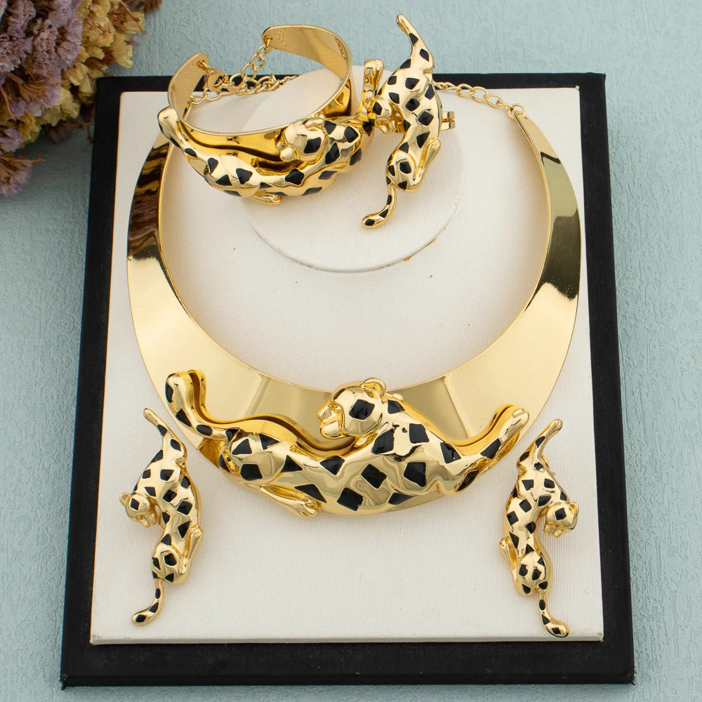 Original Jewelry Set African Leopard Necklace Earrings 18K Gold Plated Animal Shape Bracelet Ring Dubai Wedding Jewelry Gifts