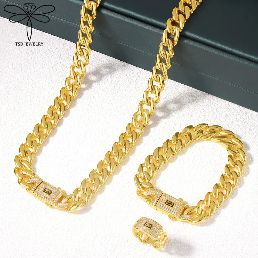 ChooseMe Arabic Dubai Vintage 21K Gold-Plated Cuban Chain & Zirconia Set