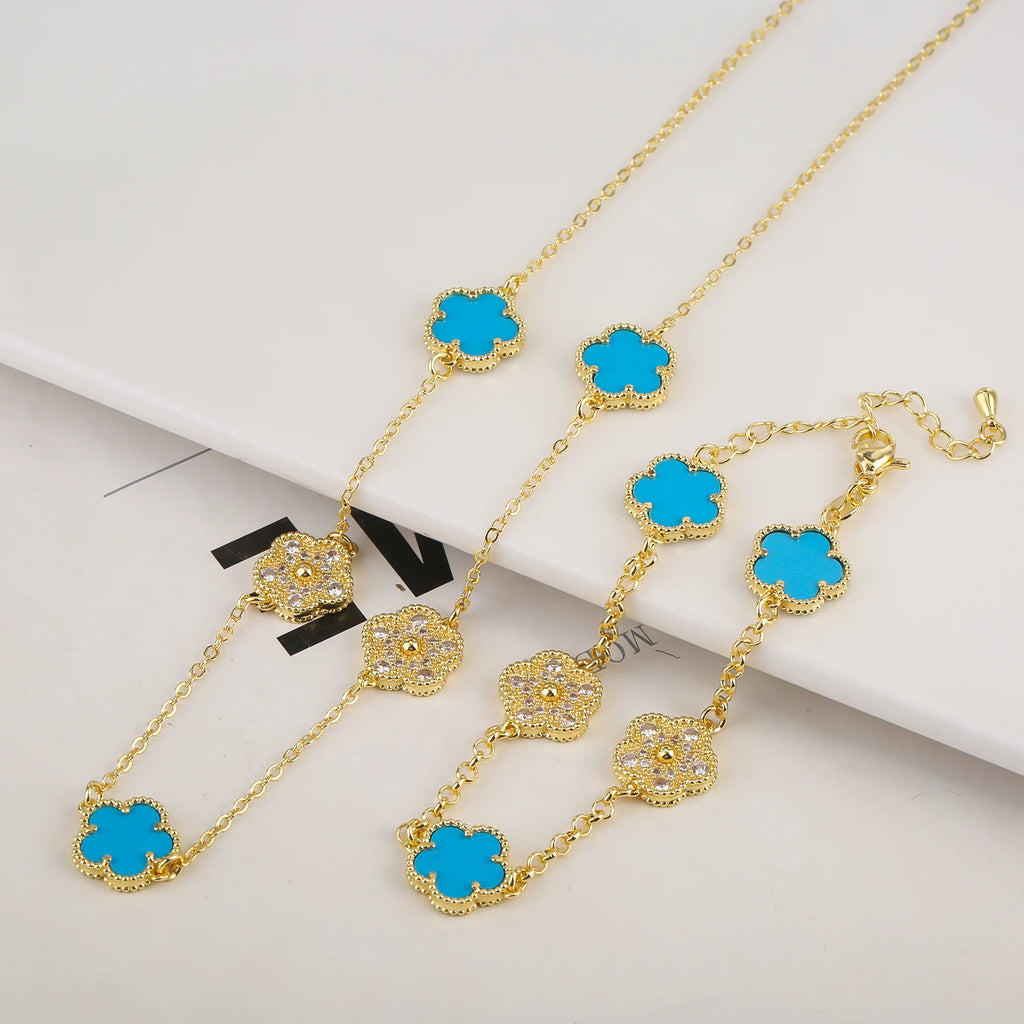 Hot Selling 18K Color Retention Electroplating New Plant Five Leaf Flower Micro Inlaid Zircon Set Necklace/Bracelet Women Clover