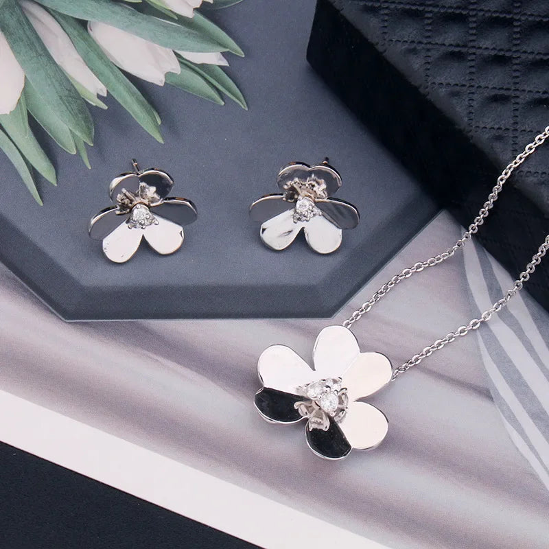 Luxury Flower Geometry Cubic Ziron Engagement Necklace Bridal Stud Jewelry copper Lady Gift Lovely