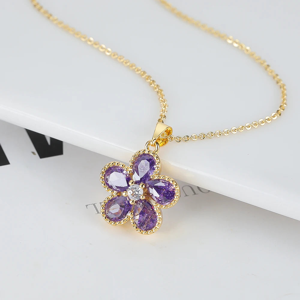 2PC Glass Crystal New Sweet Pendant Necklace Earrings Plum Blossom Five Leaf Flower Luxury Plant Women's Gift Clover