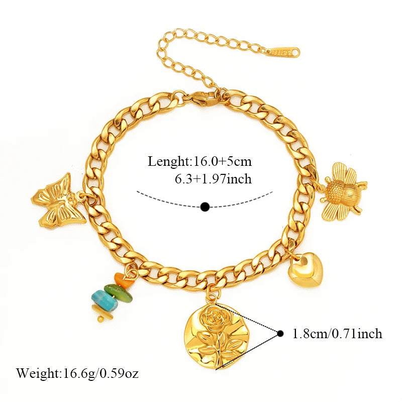 EILIECK Women's Fashion Retro Multi-Charm Chain Bracelet Gold Color Stainless Steel Flower Heart Butterfly Charm Bangle Jewelry