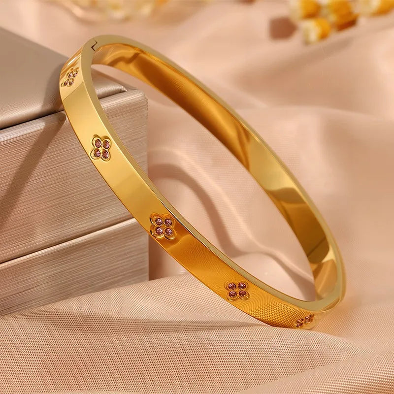 Waterproof Pink Crystal Zirconia Stainless Steel Stackable Bracelet