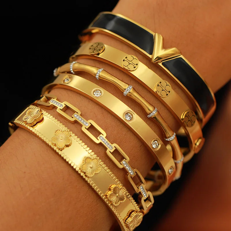316L Stainless Steel Golden Flower Geometric Bamboo Bangle