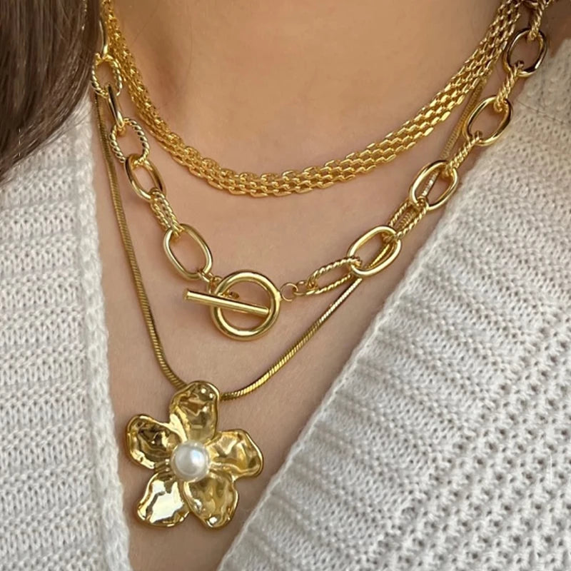 3Pcs Vintage Punk Gold Thick Chain Pearl Flower Pendant Necklace Set