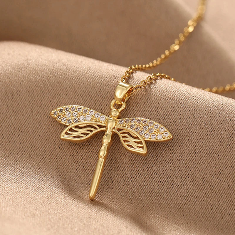 Trendy Gold-Color Stainless Steel Dragonfly Wings Crystal Necklace