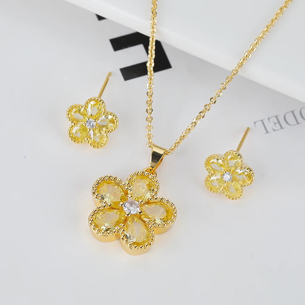 2PC Glass Crystal New Sweet Pendant Necklace Earrings Plum Blossom Five Leaf Flower Luxury Plant Women's Gift Clover