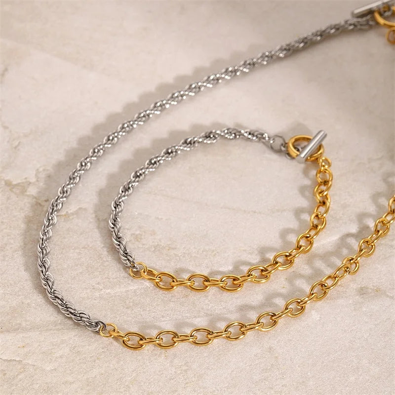 EILIECK 316L Stainless Steel Metal Gold Silver Color Chain Necklace Bracelet for Women Fashion Water Resistant Jewelry Set Gift