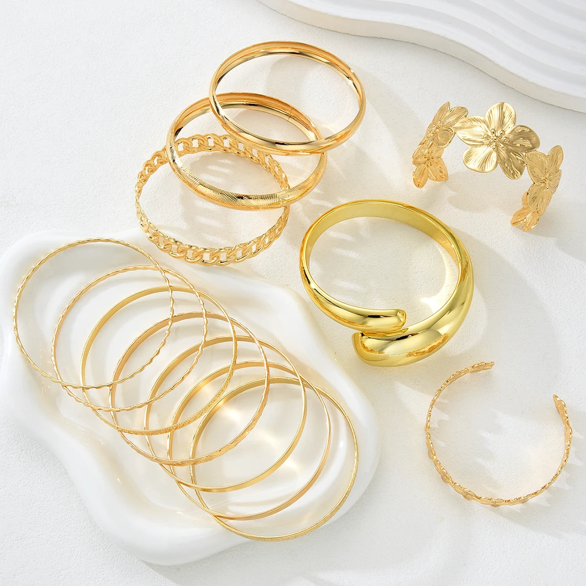 Vintage Minimalist Flower & Hollow Chain Water Drop Bangle Set, 13 Pcs/Set