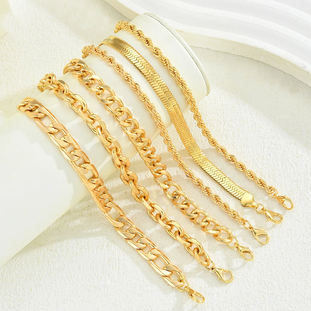 6Pcs Simple Punk Gold Chunky Multi-Layer Link Chain Bracelet Set