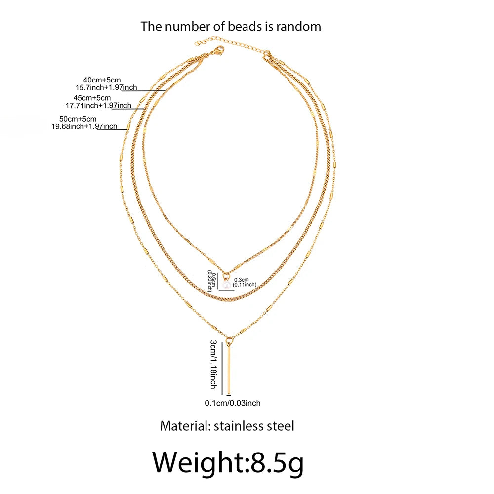 Retro Three-Layer Stainless Steel Necklace with Pearl Geometric Long Pendant Necklace Female Gift Bohemian Fashion Accessories