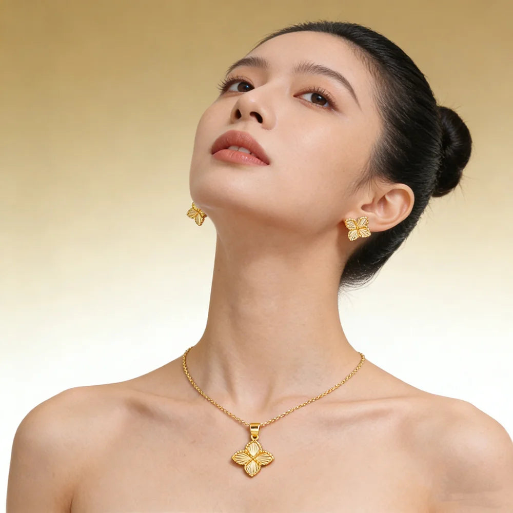 Gold Color Lucky Clover Pendant Necklace Earrings for Women Fine Stainless Steel Jewelry Set for Wedding New Concise Party Gifts