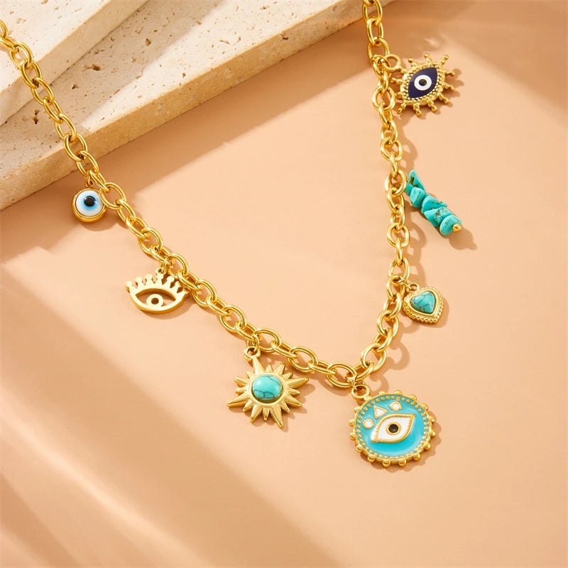 DIEYURO 316L Stainless Steel Turquoise The Devil's Eye round Pendant Necklace For Womens Trend Demon Eye Neck Jewelry Gift Party