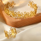 Stainless Steel Bracelet Rings Set Hollow Flowers Unusual Retro Bracelet Ring For Women Jewelry Non-fading High-quality Gift New