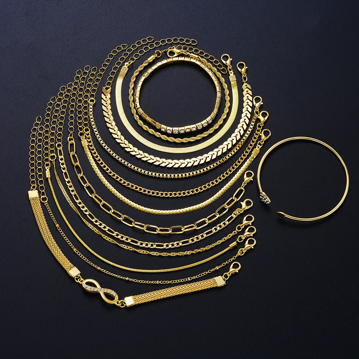 Boho Vintage Gold Color Crystal Heart & Snake Chain Bracelet Set, 14 Pcs/Set