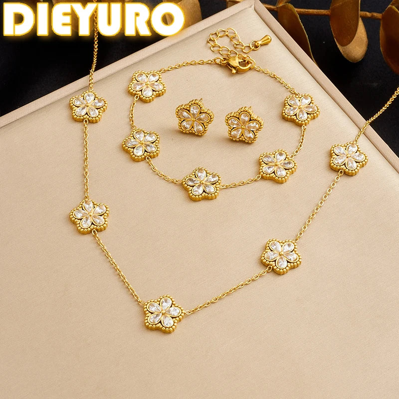 DIEYURO 316L Stainless White WaterDrop Crystal Inlay Flowers Necklace Bracelet Earrings Set Lady Classic Elegant Jewelry Sets