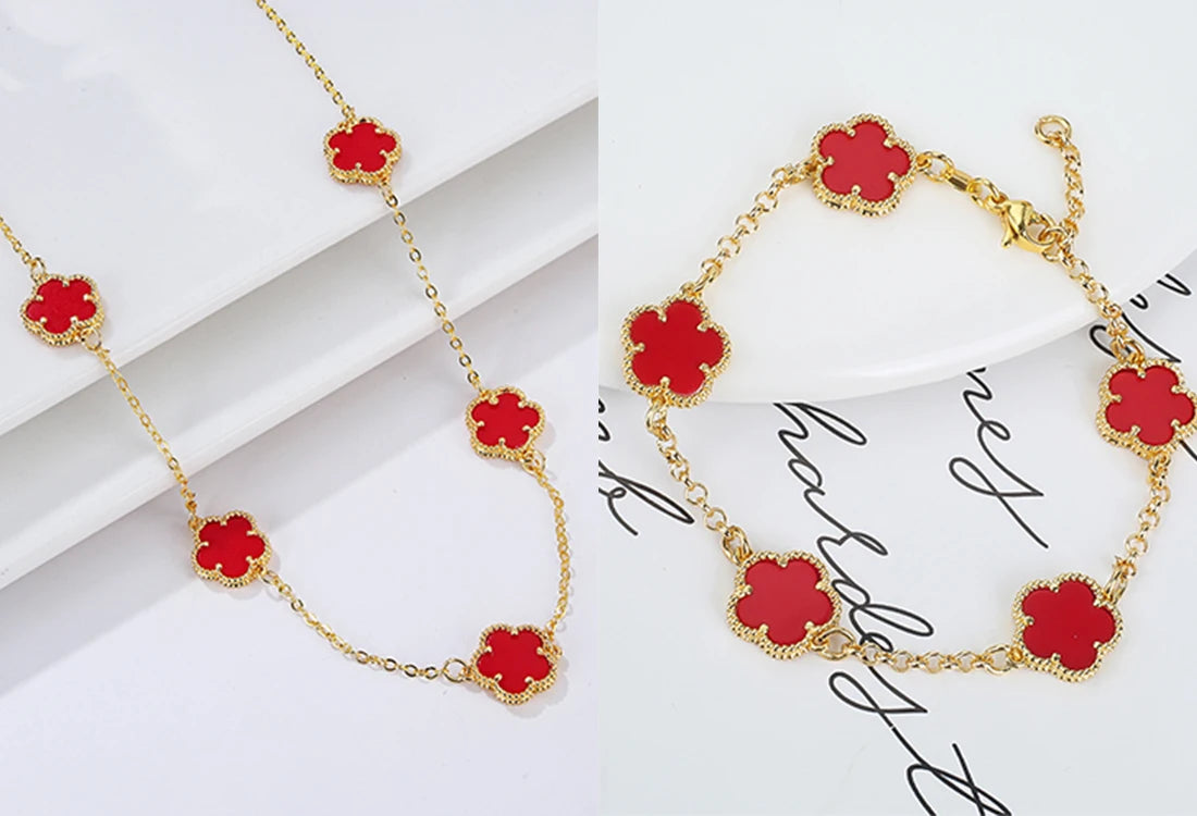 Hot Sale 14 Colors Five-Leaf Flower Set Bracelet Necklace Classic Simple Women Jewelry Set Suitable For Daily Party Wear Clover