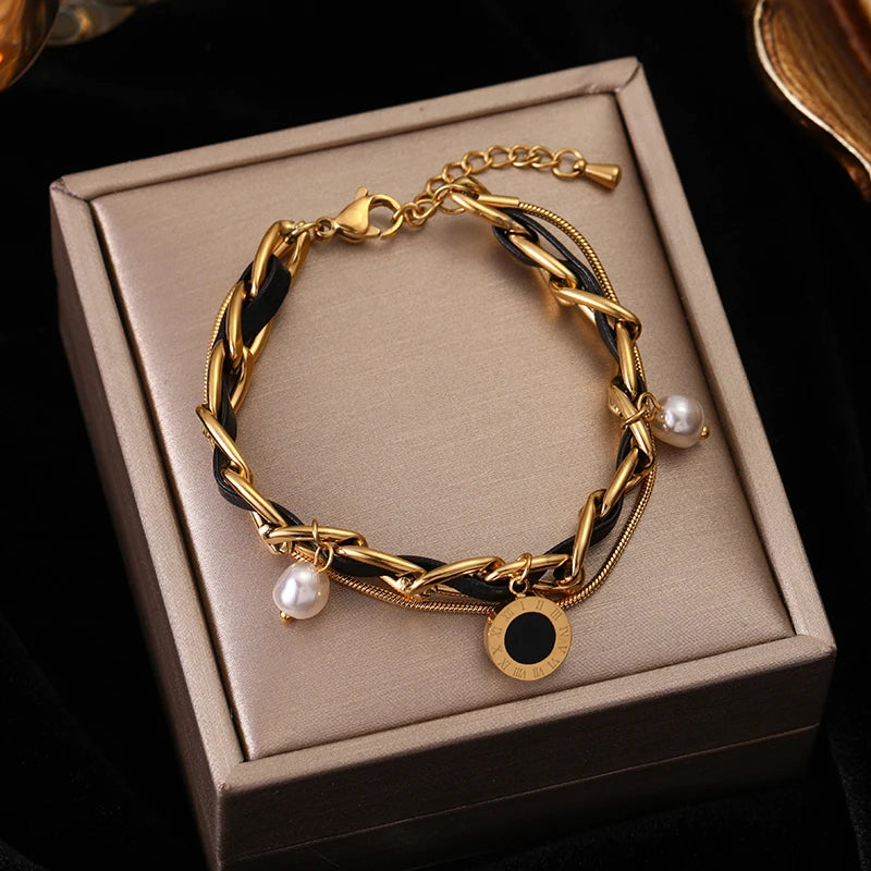 EILIECK 316L Stainless Steel Round Roman Numerals Charms Bracelet For Women Trendy Waterproof Hand Chain Summer Vacation Jewelry