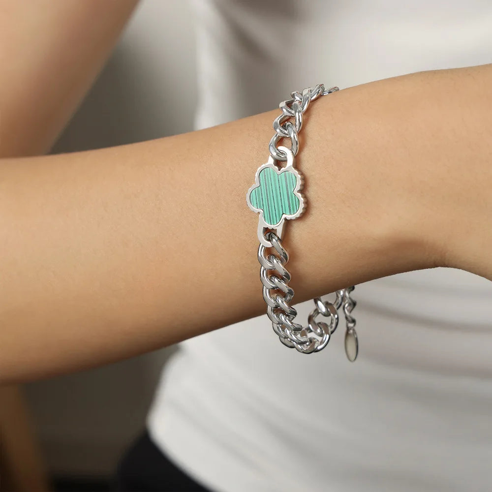 Stainless Steel New Hip Hop Plant Five Leaf Flower Set Shell Bracelet Necklace Women's Minimalist Cuban Chain Clover